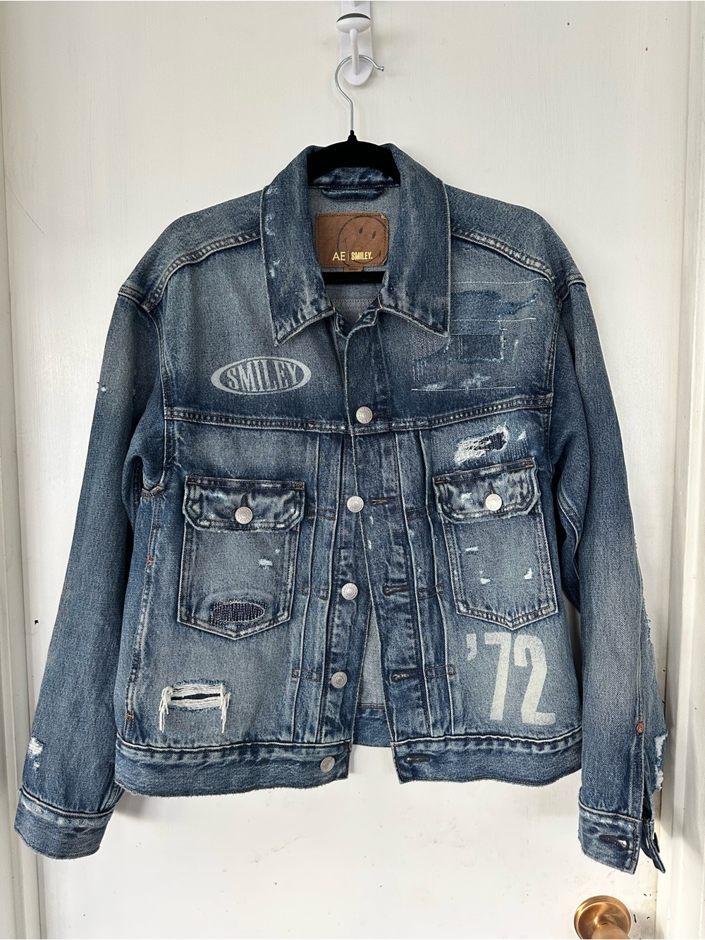 AE Special Edition Smiley Distressed Patchwork Oversized Denim Jacket Size Small